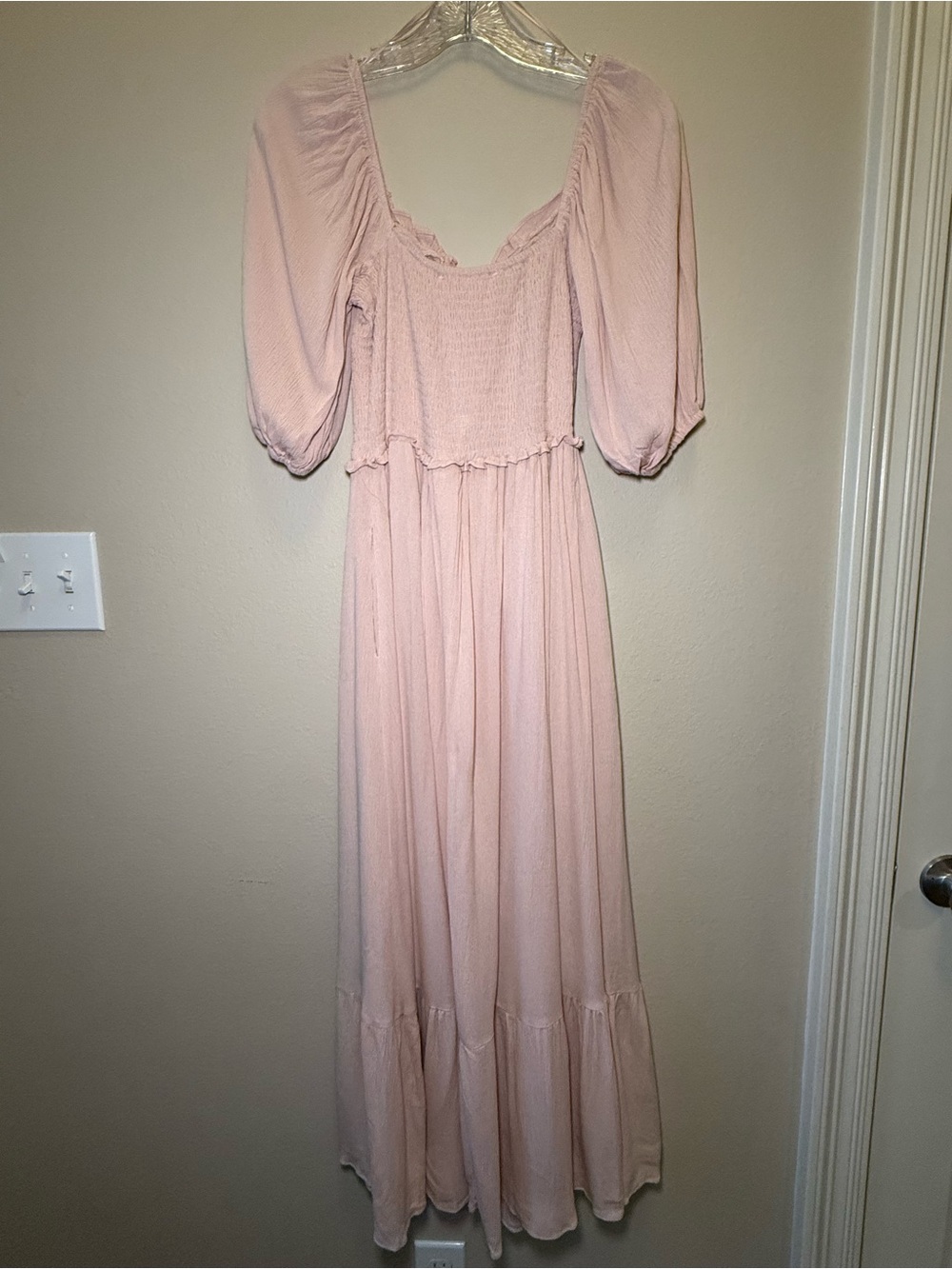 NWT Dress Day Pink Smocked Puff Sleeve Boho Tiered Maxi Maternity Photoshoot Sm - Picture 4 of 11